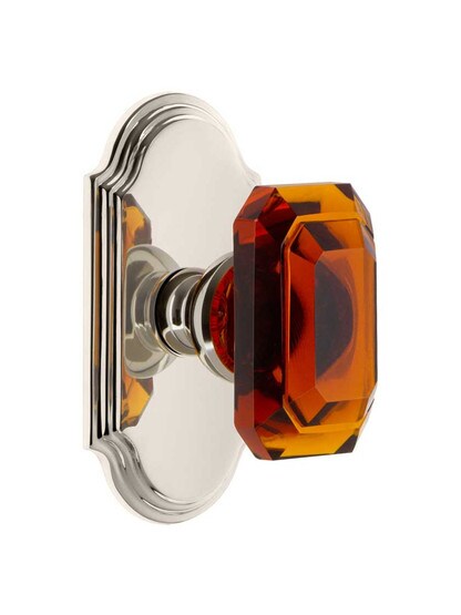 Grandeur Arc Rosette Door Set with Amber Crystal-Glass Baguette Knobs in Polished Nickel.
